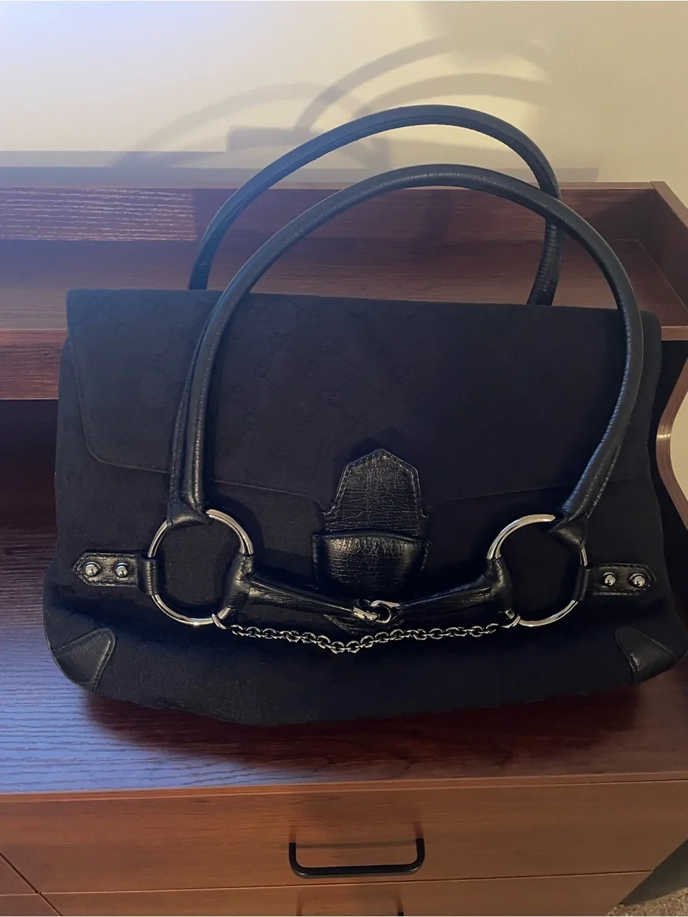 Authentic Gucci Black Leather-Trim Women's Shoulder Bag